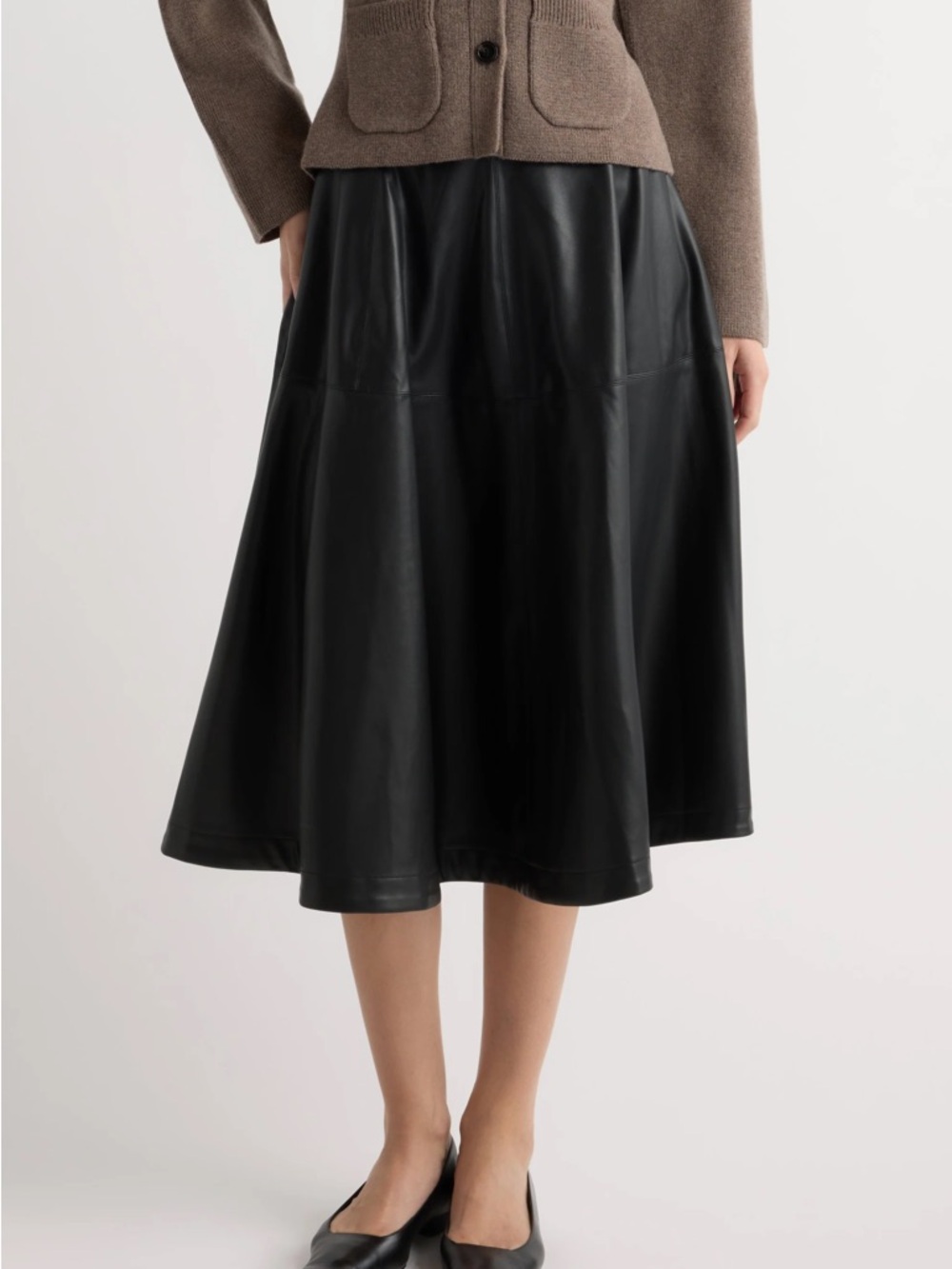 Vintage Black Leather A-Line Midi Skirt. size 14